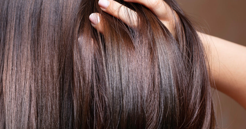 Closeup of a woman’s hand with painted nails running her fingers through her shiny and healthy brown hair.